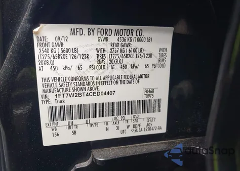 2012 Ford F-250 Lariat из США, поврежденный, VIN 1FT7W2BT4CED04407